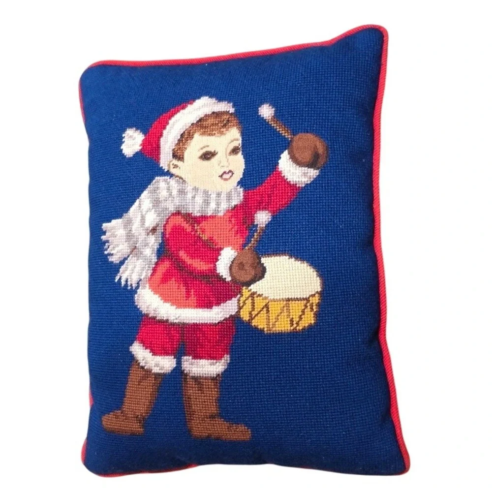 Vintage Christmas Needlepoint Throw Pillow, Little Drummer, Red Corduroy 15